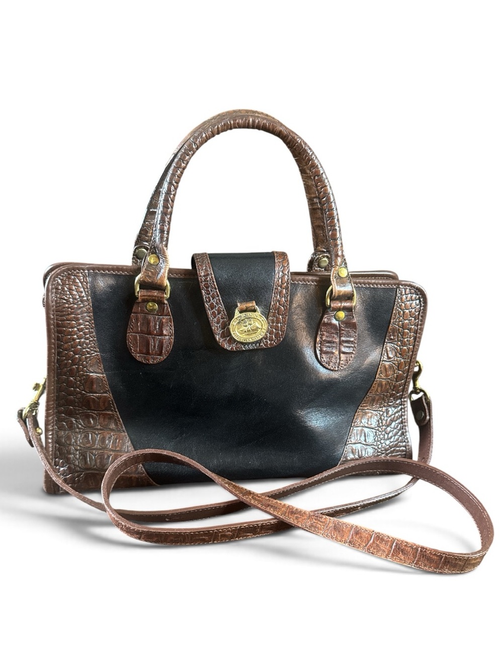 Brahmin Black and Brown Croc-Trim Leather Satchel